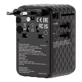 Verbatim Charge 'n' Travel 100W Adaptador de viagem universal com cabo retrátil Preto