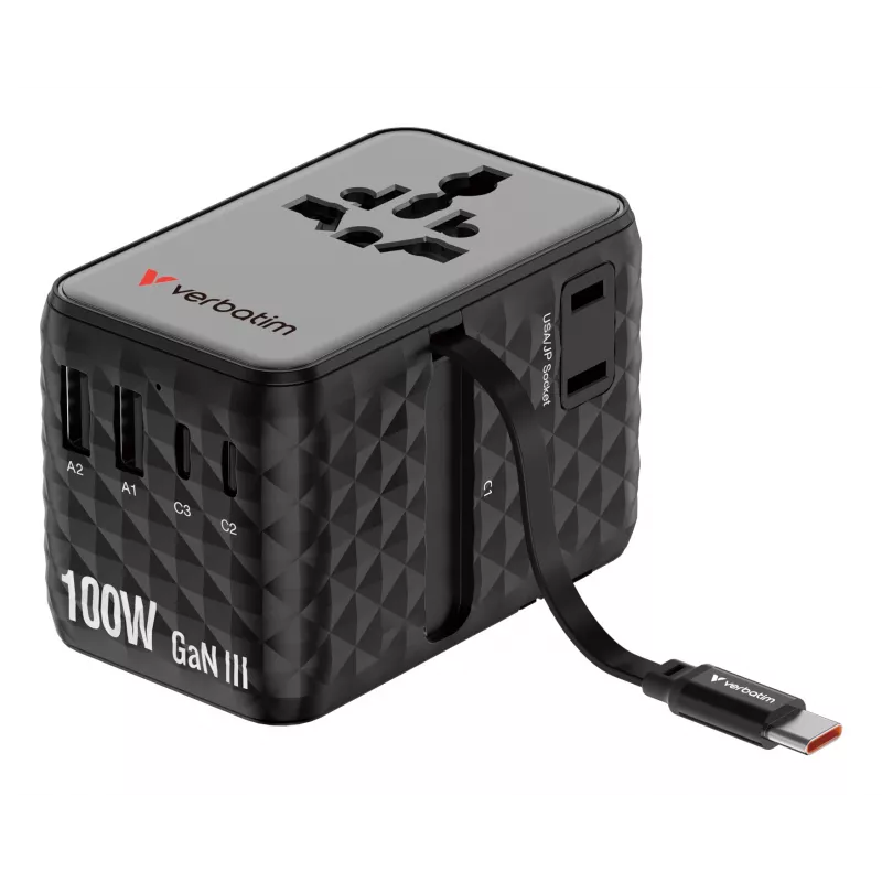 Verbatim Charge 'n' Travel 100W Adaptador de viagem universal com cabo retrátil Preto