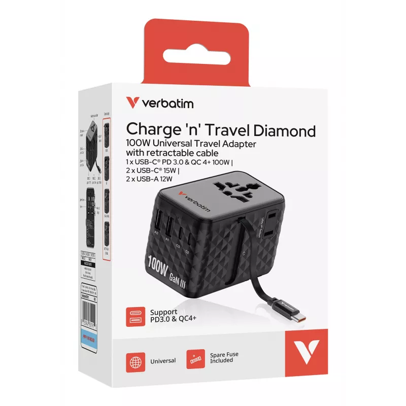 Verbatim Charge 'n' Travel 100W Adaptador de viagem universal com cabo retrátil Preto