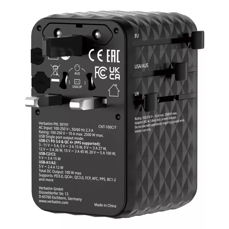 Verbatim Charge 'n' Travel 100W Adaptador de viagem universal com cabo retrátil Preto
