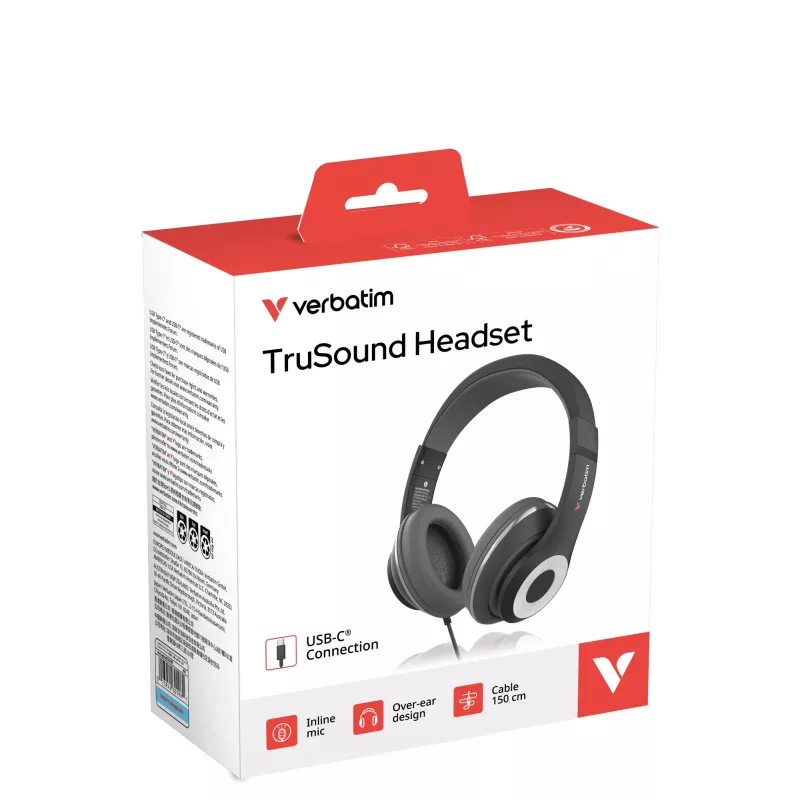 Verbatim TruSound Auscultador USB-C, Com fios, Música/dia a dia, 20 - 20000 Hz, 200,9 g, Auscultador, Preto