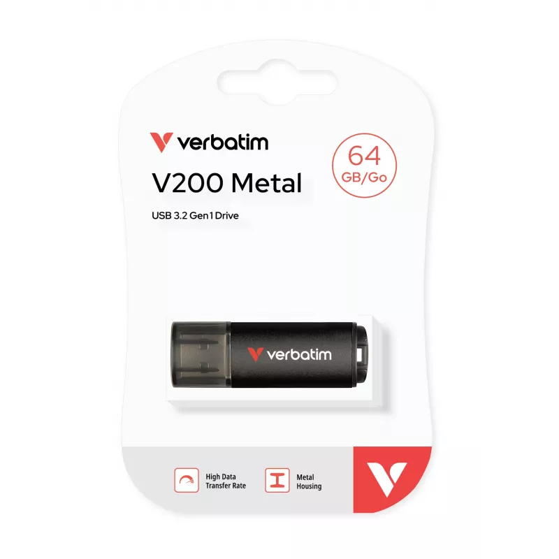 Verbatim V200 Metal Pen drive USB 64GB, 64 GB, USB Type-A, 3.2 Gen 1 (3.1 Gen 1), 200 MB/s, Tampa, Preto