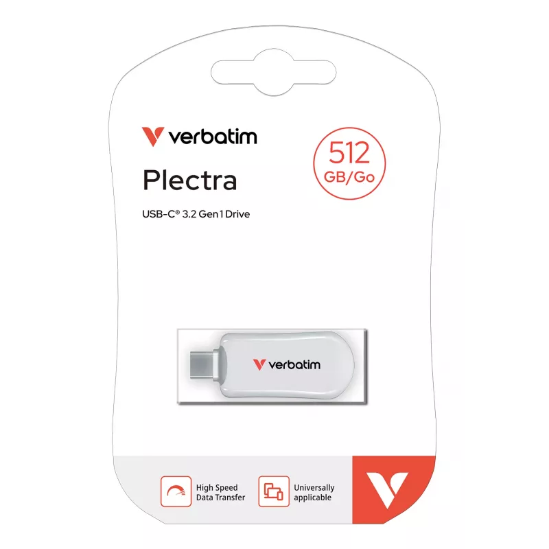 Pen drive USB-C Verbatim Plectra branca 512GB, 512 GB, USB Type-C, 3.2 Gen 1 (3.1 Gen 1), 100 MB/s, sem tampa, branca