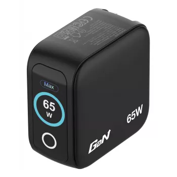 Carregador Verbatim Mini GaN 65W com visor, interior, AC, 20 V, preto