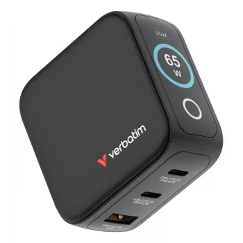 Carregador Verbatim Mini GaN 65W com visor, interior, AC, 20 V, preto