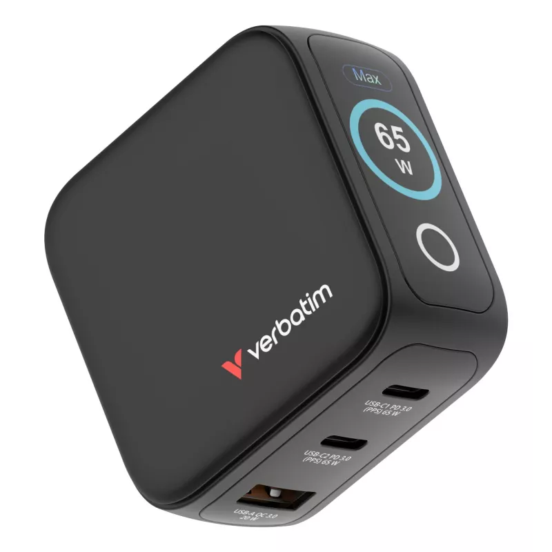 Carregador Verbatim Mini GaN 65W com visor, interior, AC, 20 V, preto