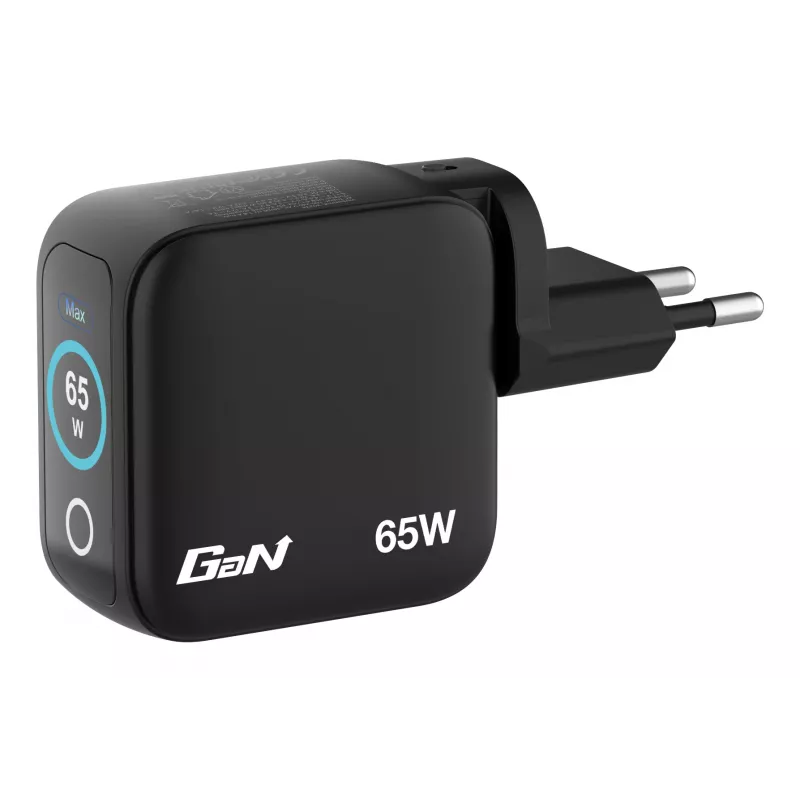 Carregador Verbatim Mini GaN 65W com visor, interior, AC, 20 V, preto
