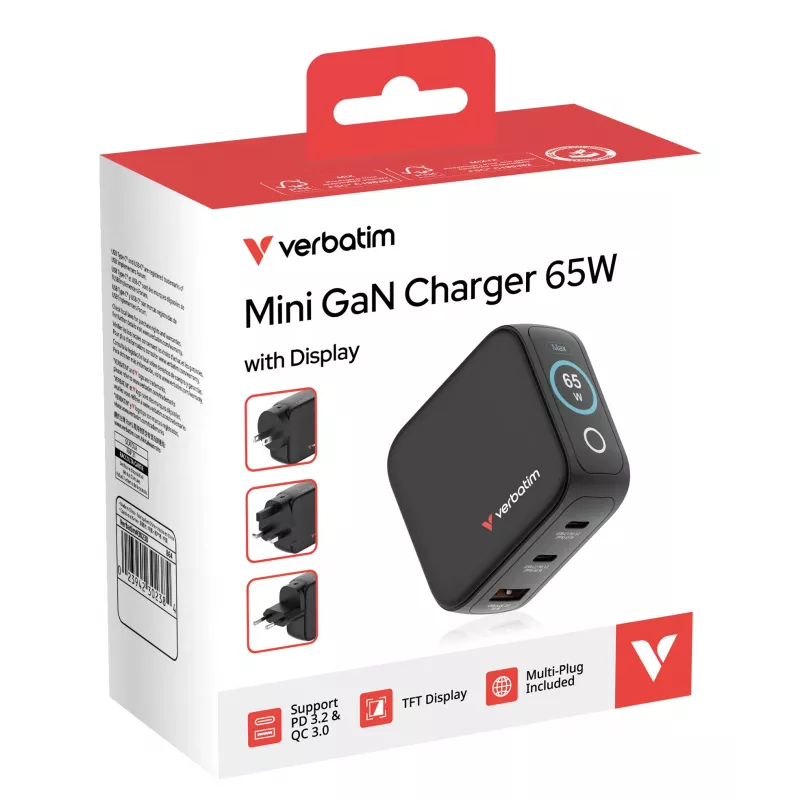 Carregador Verbatim Mini GaN 65W com visor, interior, AC, 20 V, preto