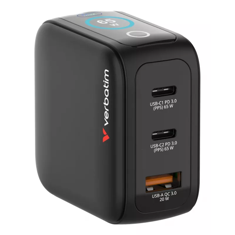 Carregador Verbatim Mini GaN 65W com visor, interior, AC, 20 V, preto