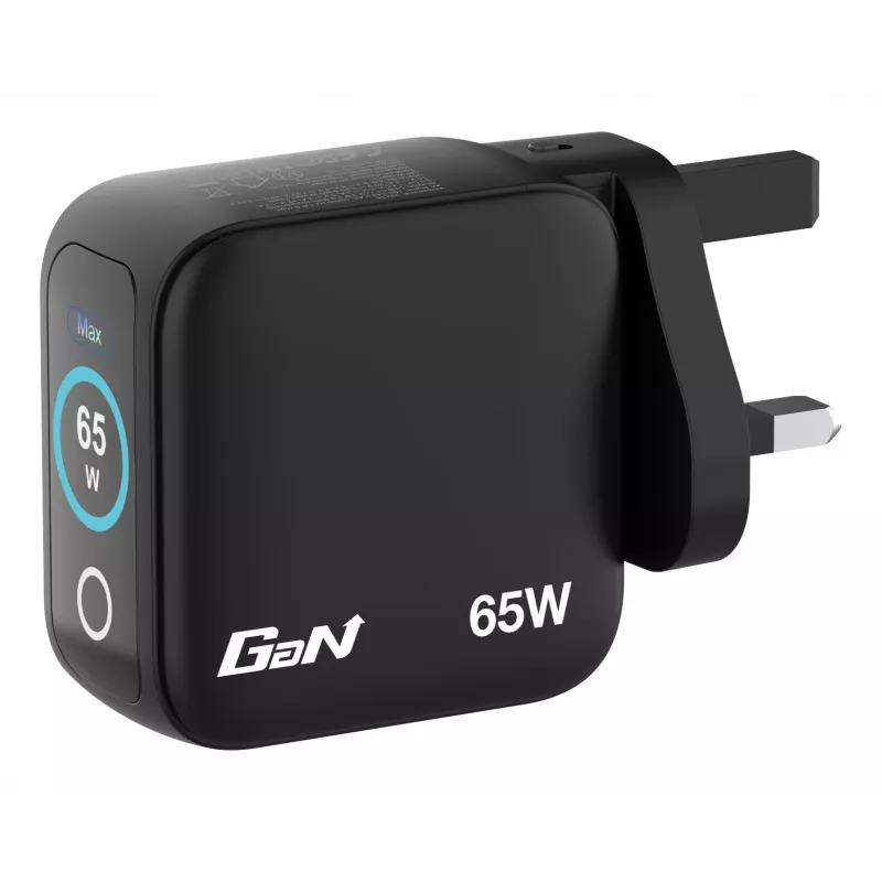 Carregador Verbatim Mini GaN 65W com visor, interior, AC, 20 V, preto