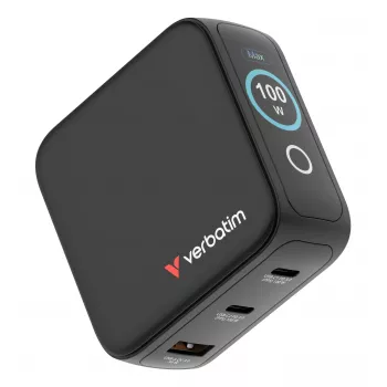 Carregador Verbatim Mini GaN 100W com visor, interior, AC, 20 V, preto