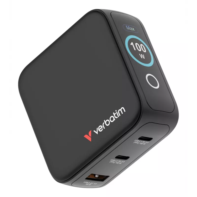 Carregador Verbatim Mini GaN 100W com visor, interior, AC, 20 V, preto
