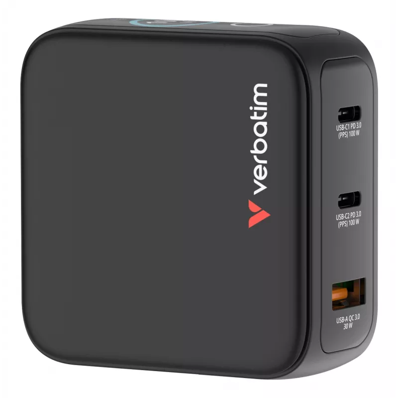 Carregador Verbatim Mini GaN 100W com visor, interior, AC, 20 V, preto