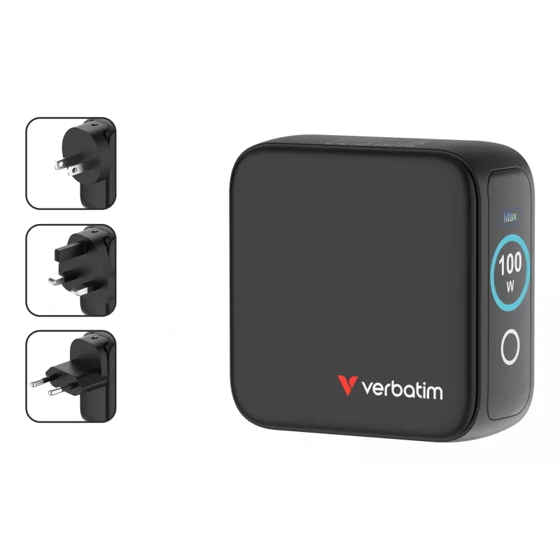 Carregador Verbatim Mini GaN 100W com visor, interior, AC, 20 V, preto