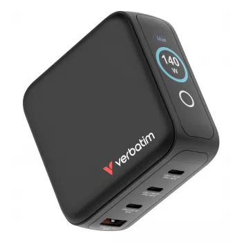 Carregador Verbatim Mini GaN 140W com visor, interior, AC, 28 V, preto