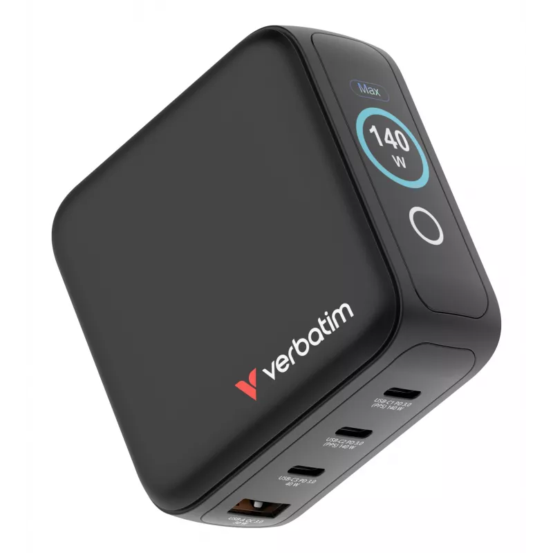 Carregador Verbatim Mini GaN 140W com visor, interior, AC, 28 V, preto