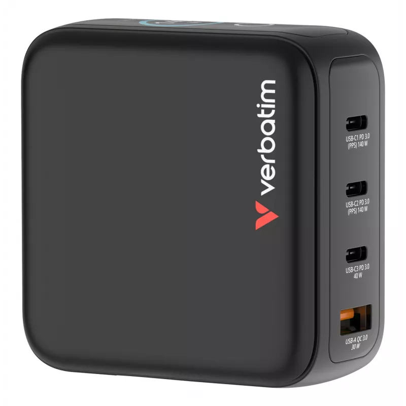 Carregador Verbatim Mini GaN 140W com visor, interior, AC, 28 V, preto