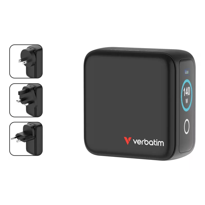Carregador Verbatim Mini GaN 140W com visor, interior, AC, 28 V, preto