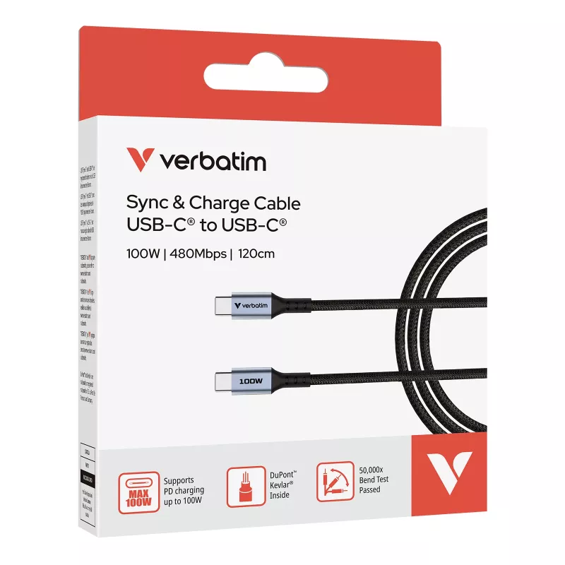 Cabo Verbatim Sync & Charge – 100W USB-C para USB-C 120 cm, 1,2 m, USB C, USB C, USB 2.0, 0,48 Gbit/s, preto
