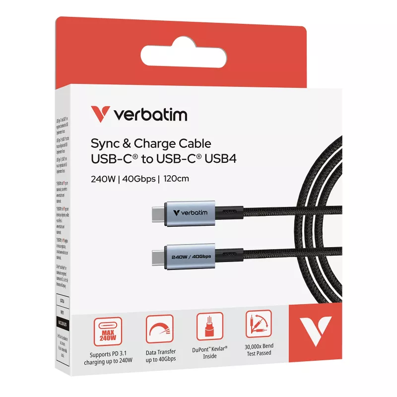 Cabo Verbatim Sync & Charge USB C para USB C 240W 40 Gbit/s 120 cm, 1,2 m, USB C, USB C, USB4 Gen 2x2, 40 Gbit/s, preto
