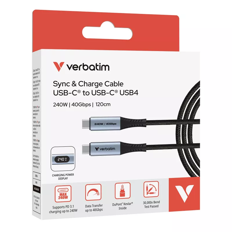 Cabo Verbatim Sync & Charge USB-C para USB-C 240W 40 Gbit/s com ecrã 120 cm