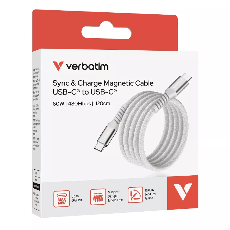Cabo magnético Verbatim Sync & Charge - 60W USB-C para USB-C 120 cm cinzento