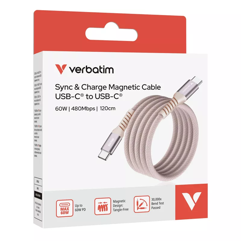 Cabo magnético Verbatim Sync & Charge – 60 W USB-C para USB-C, 120 cm, rosa