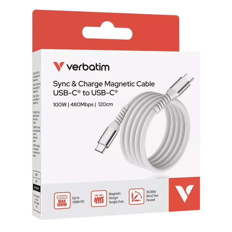 Cabo magnético Verbatim Sync & Charge - 100W USB-C para USB-C 120 cm cinzento