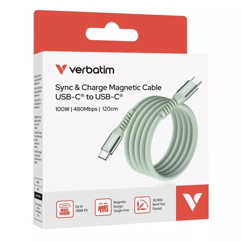 Cabo magnético Verbatim Sync & Charge - 100W USB-C para USB-C 120 cm verde
