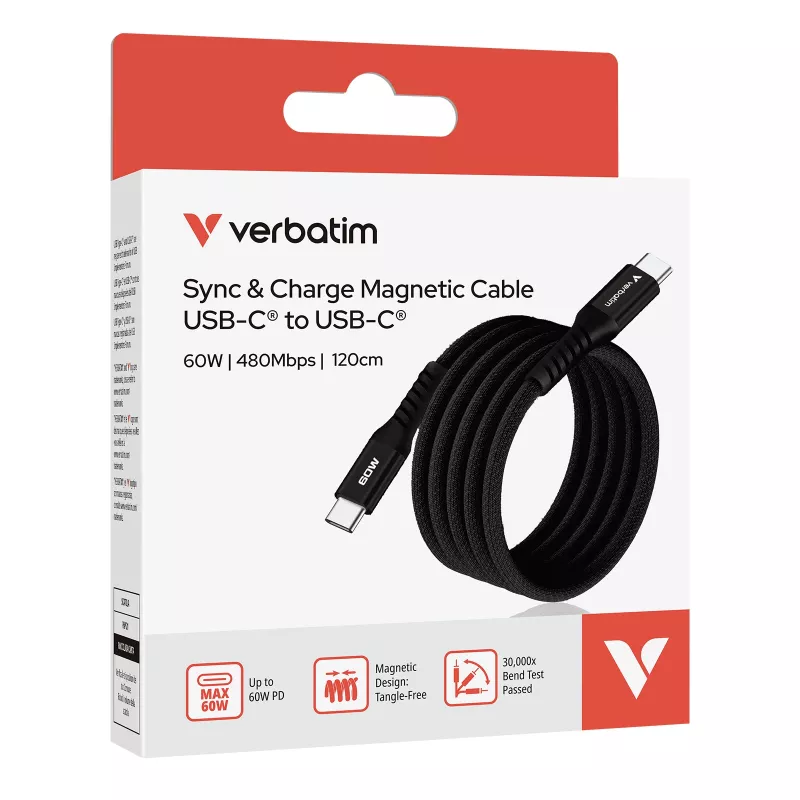 Cabo magnético Verbatim Sync & Charge – 60 W USB-C para USB-C, 120 cm, preto