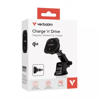 Carregador de automóvel sem fios magnético Verbatim Charge 'n' Drive Qi2, automóvel, USB, carregamento sem fios, 1 m, preto