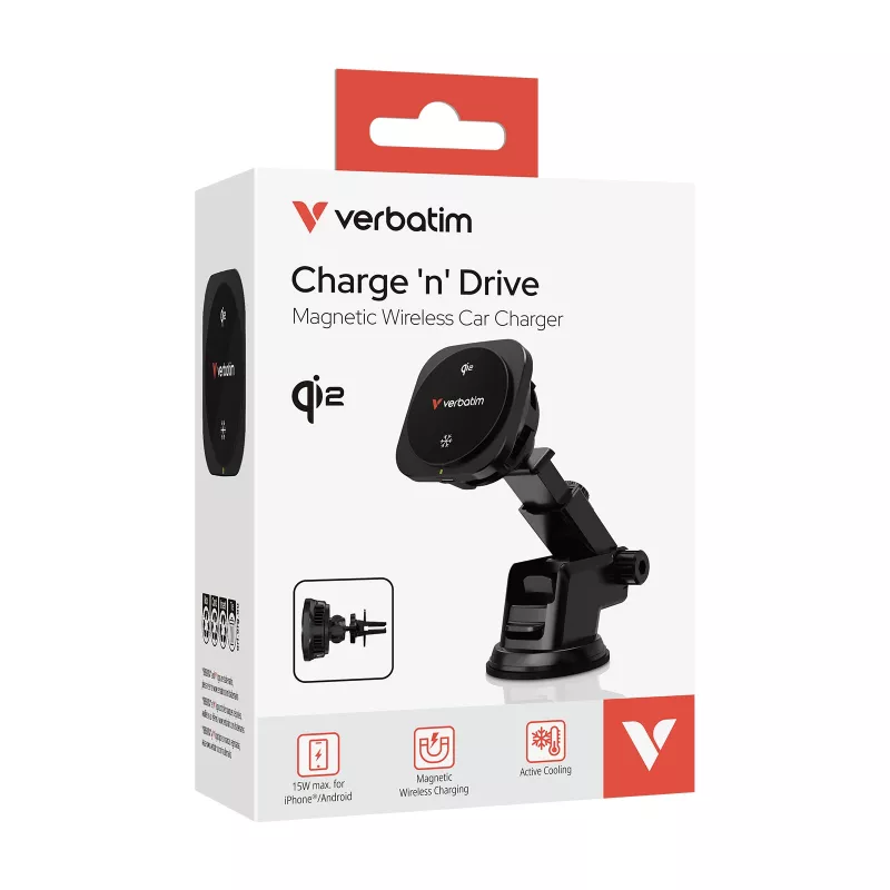 Carregador de automóvel sem fios magnético Verbatim Charge 'n' Drive Qi2, automóvel, USB, carregamento sem fios, 1 m, preto