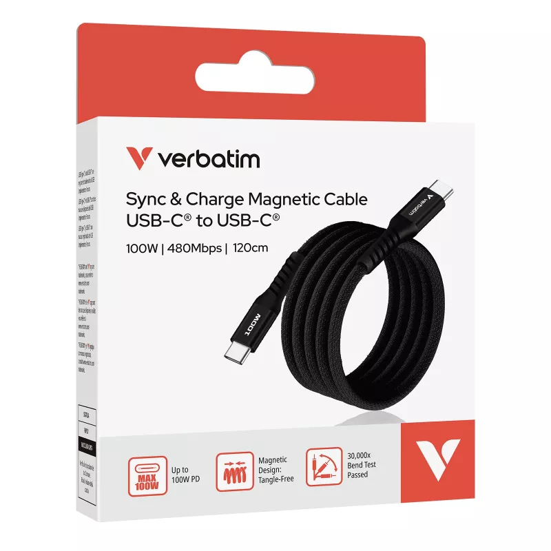 Cabo magnético Verbatim Sync & Charge – 100 W USB-C para USB-C 120 cm preto