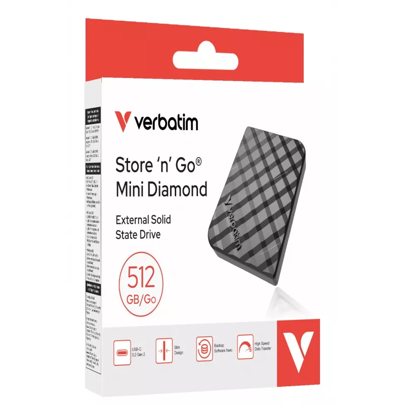 Verbatim Store 'n' Go Mini Diamond USB-C 512GB preto, 512 GB, M.2, USB Type-C, 3.2 Gen 2 (3.1 Gen 2), 1000 MB/s, preto