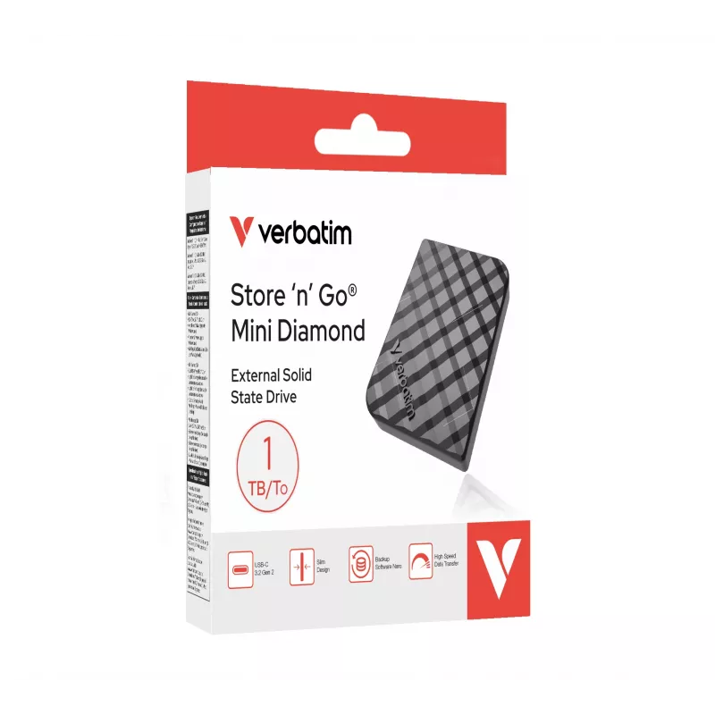 Verbatim Store 'n' Go Mini Diamond USB-C 1 TB preto, 1 TB, USB Type-C, 3.2 Gen 2 (3.1 Gen 2), 1000 MB/s, preto