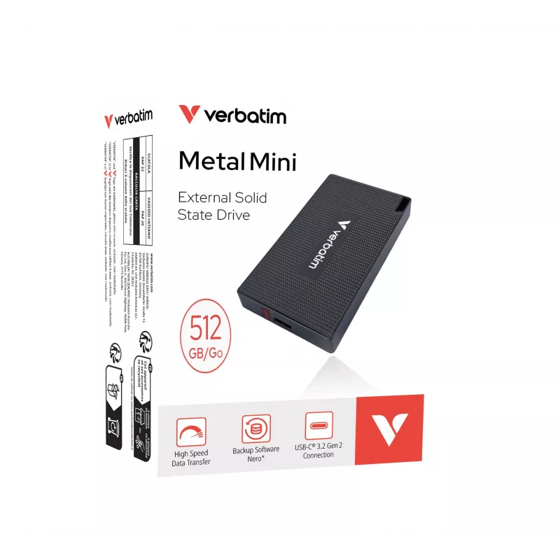 SSD Verbatim Metal Mini USB-C 3.Gen 2 512 GB, 512 GB, USB Type-C, USB 3.2 Gen 2x2, 2000 MB/s, 10 Gbit/s, cinzento