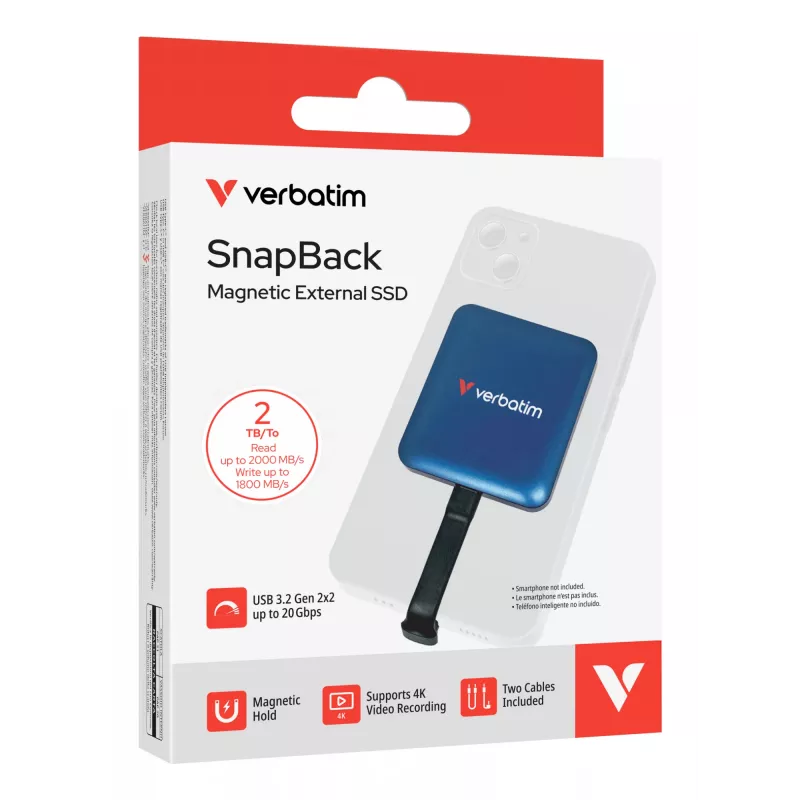 SSD Verbatim SnapBack 2 TB azul Metallic, 2 TB, USB Type-C, USB 3.2 Gen 2x2, 2000 MB/s, 20 Gbit/s, azul