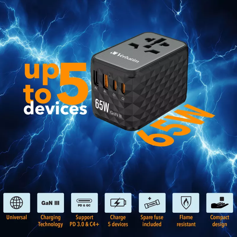 Adaptador de viagem universal Verbatim UTA-05 65W GaN III com 2 x USB-C PD e QC 4+ e 2 x portas USB-A