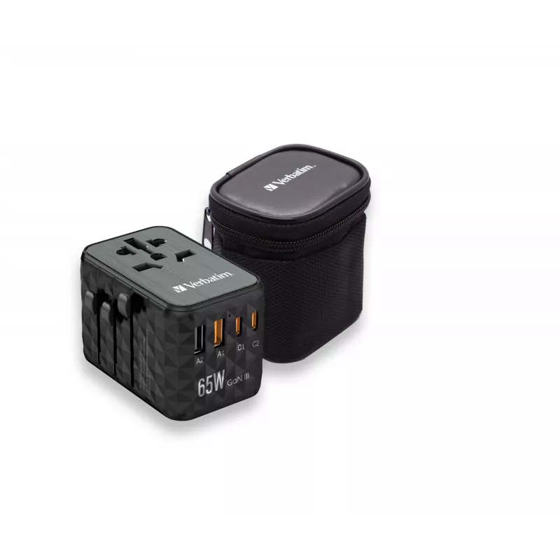 Adaptador de viagem universal Verbatim UTA-05 65W GaN III com 2 x USB-C PD e QC 4+ e 2 x portas USB-A