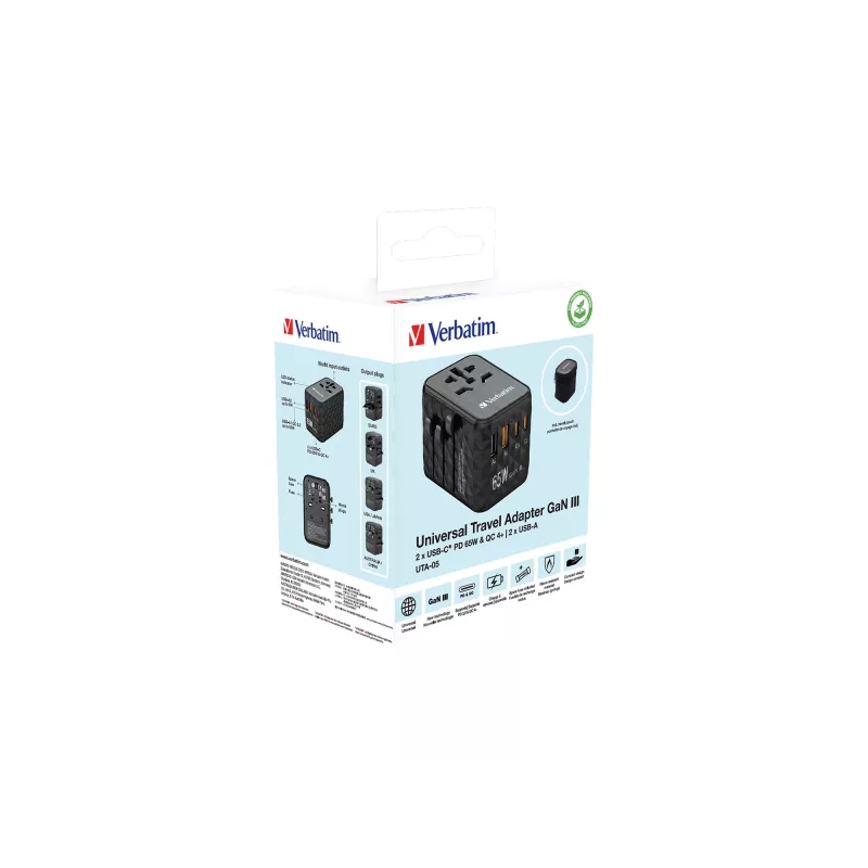 Adaptador de viagem universal Verbatim UTA-05 65W GaN III com 2 x USB-C PD e QC 4+ e 2 x portas USB-A