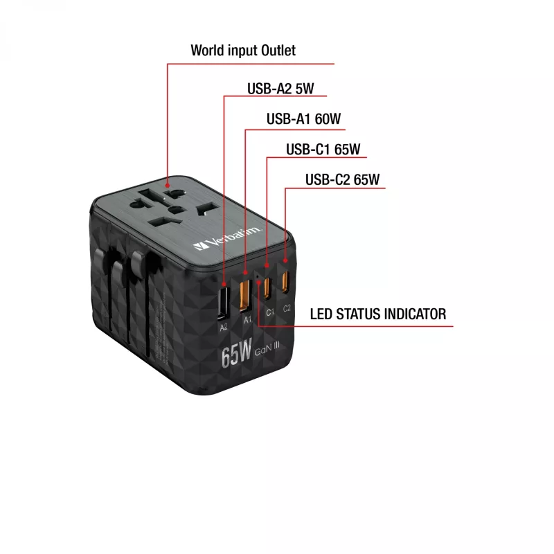 Adaptador de viagem universal Verbatim UTA-05 65W GaN III com 2 x USB-C PD e QC 4+ e 2 x portas USB-A