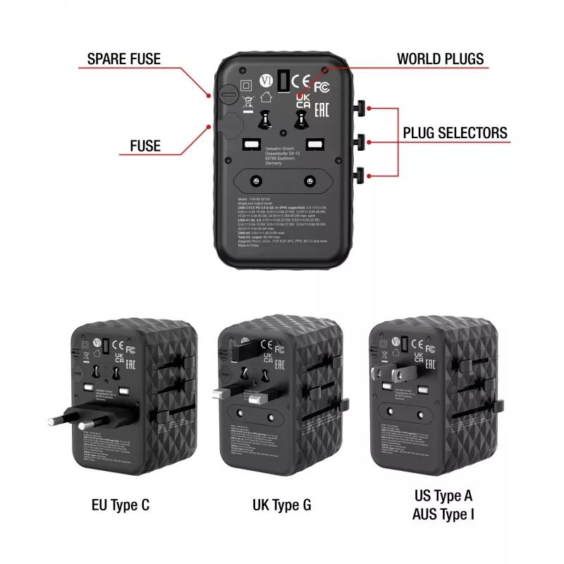 Adaptador de viagem universal Verbatim UTA-05 65W GaN III com 2 x USB-C PD e QC 4+ e 2 x portas USB-A