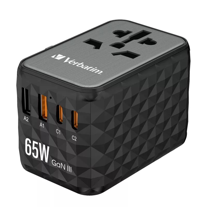 Adaptador de viagem universal Verbatim UTA-05 65W GaN III com 2 x USB-C PD e QC 4+ e 2 x portas USB-A