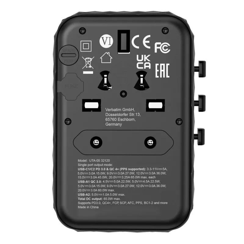 Adaptador de viagem universal Verbatim UTA-05 65W GaN III com 2 x USB-C PD e QC 4+ e 2 x portas USB-A
