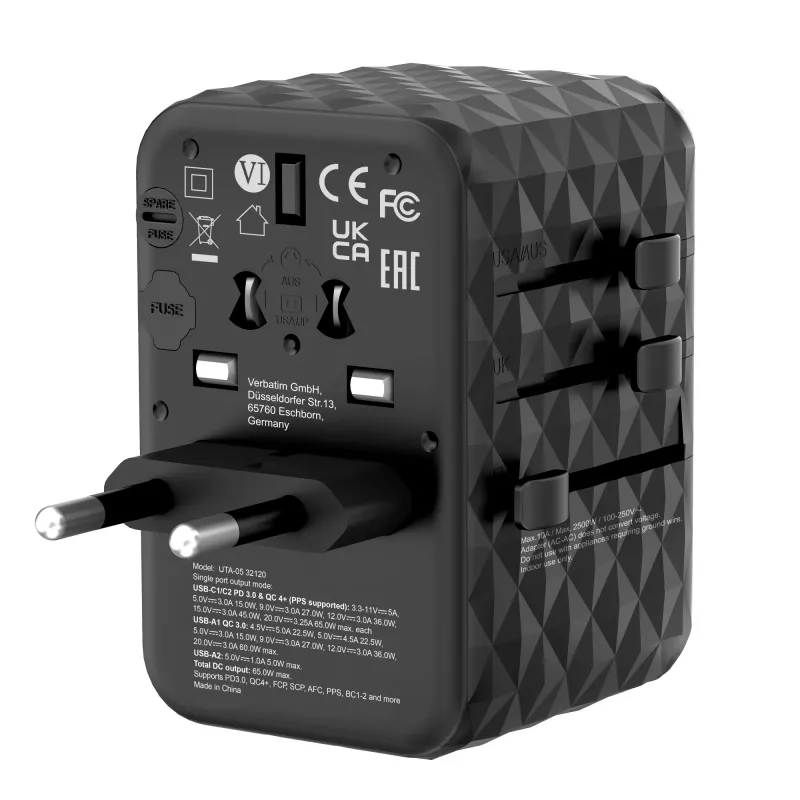 Adaptador de viagem universal Verbatim UTA-05 65W GaN III com 2 x USB-C PD e QC 4+ e 2 x portas USB-A