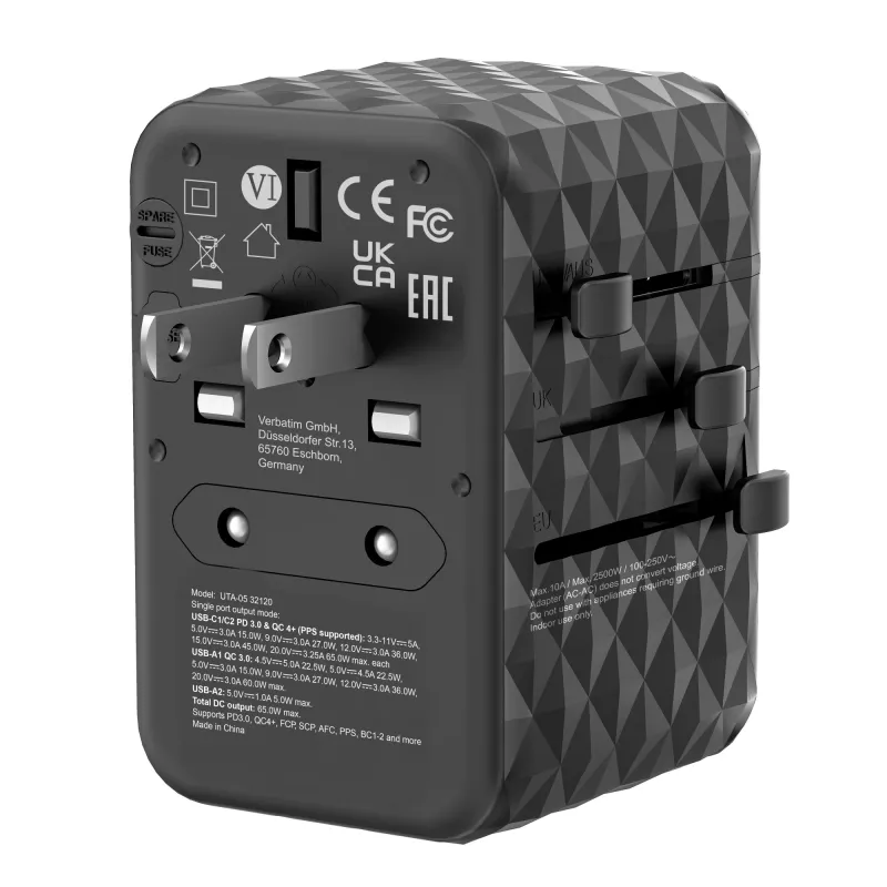 Adaptador de viagem universal Verbatim UTA-05 65W GaN III com 2 x USB-C PD e QC 4+ e 2 x portas USB-A