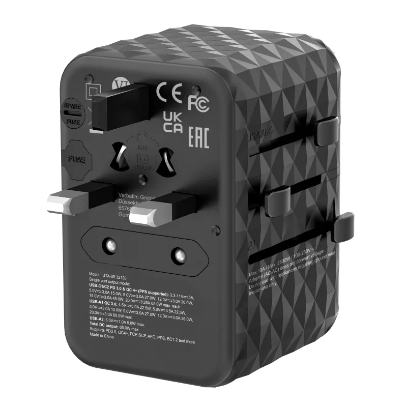 Adaptador de viagem universal Verbatim UTA-05 65W GaN III com 2 x USB-C PD e QC 4+ e 2 x portas USB-A