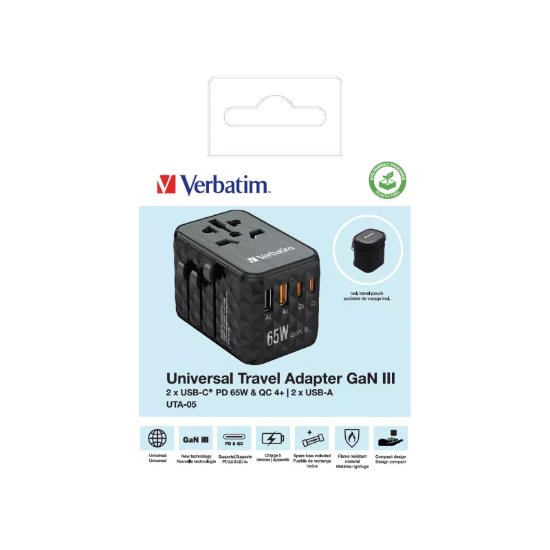 Adaptador de viagem universal Verbatim UTA-05 65W GaN III com 2 x USB-C PD e QC 4+ e 2 x portas USB-A