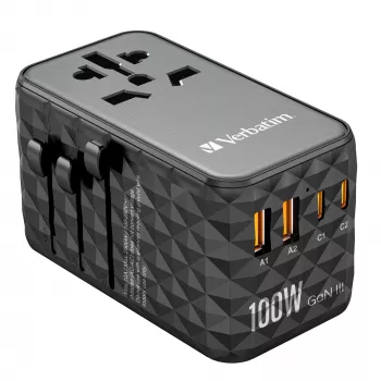 Adaptador de viagem universal Verbatim UTA-06 100W GaN III com 2 x USB-C PD e QC 4+ e 2 x portas USB-A QC 3.0