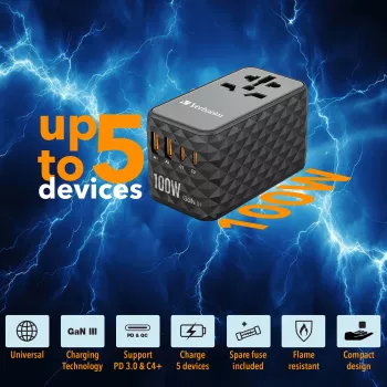 Adaptador de viagem universal Verbatim UTA-06 100W GaN III com 2 x USB-C PD e QC 4+ e 2 x portas USB-A QC 3.0